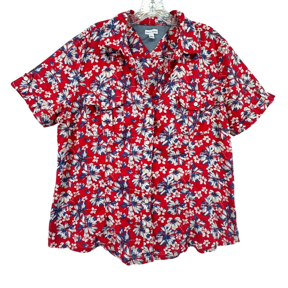 Rebecca Malone Red Floral‎ Button Up Shirt Womens XL Short Sleeve Cotton Blouse
